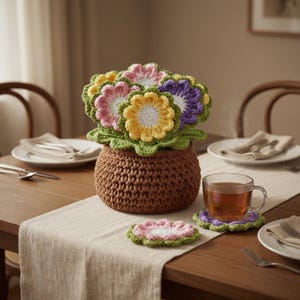 May include: A crocheted flower arrangement in a brown pot, with yellow, pink, purple, and white flowers. The arrangement sits on a table with a cup of tea and flower-shaped coasters. The coasters are pink and purple.