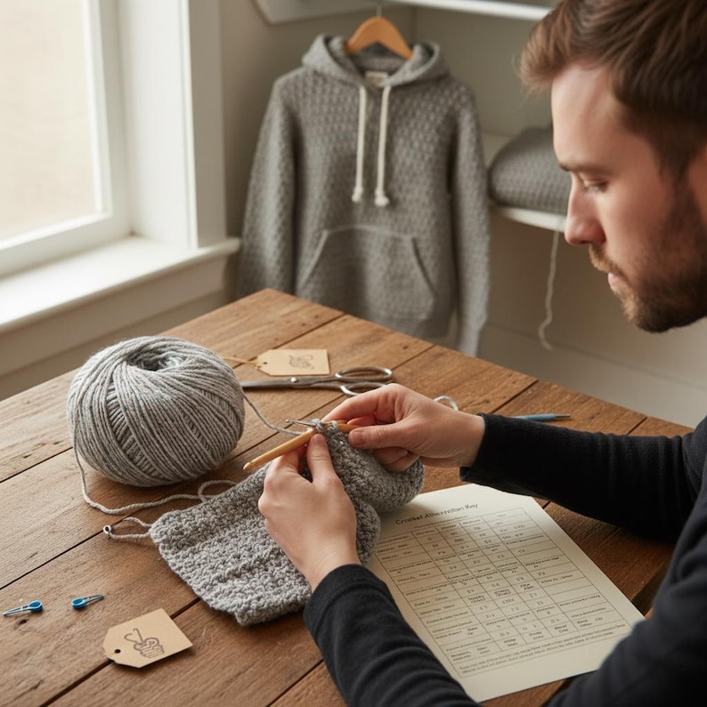 May include: A person crocheting with gray yarn and a wooden crochet hook. A ball of gray yarn, scissors, and a tag are on a wooden table. A gray hoodie hangs in the background.