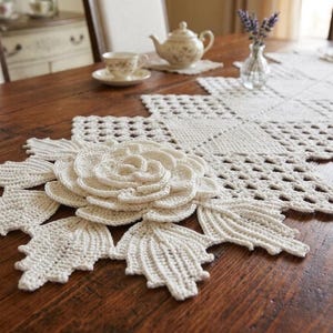 May include: A cream-colored, handmade crochet table runner with a large floral centerpiece. The runner features a detailed openwork design and is placed on a wooden table. A teapot, teacup, and vase of flowers are also visible.