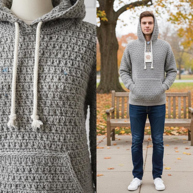 May include: A gray crochet hoodie with a drawstring hood and a front pocket. The hoodie is made of a textured yarn and has a tag hanging from the drawstring. The person is wearing blue jeans and white sneakers.