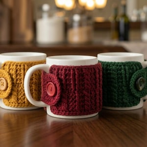 May include: Three white ceramic mugs with knitted cozies in mustard yellow, burgundy, and forest green. Each cozy has a matching button closure. The mugs are on a wooden table.
