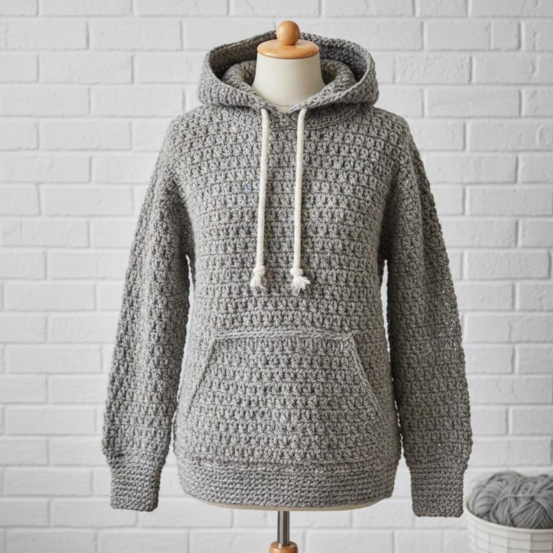 May include: A gray crochet hoodie with a hood and a front pocket. The hoodie has long sleeves and a drawstring. The garment is displayed on a mannequin against a white brick wall. The yarn is a light gray color.