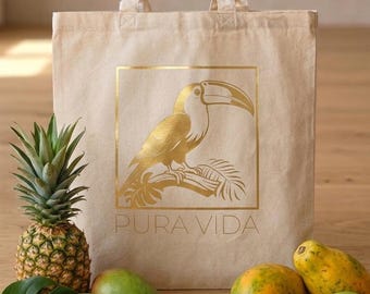 "Pura Vida" jute bag with toucan design - Costa Rica tote bag made of cotton - reusable - customizable - gift for travel lovers
