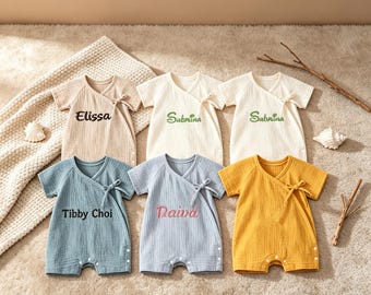 Pelele de bebé bordado personalizado, conjunto de gasa de algodón a medida para recién nacido, regalo para baby shower, body de verano unisex.