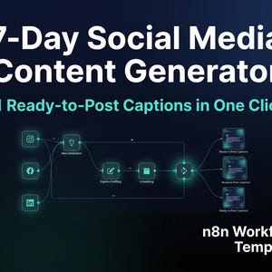 May include: A dark blue graphic with white text that reads "7-Day Social Media Content Generator" and "21 Ready-to-Post Captions in One Click." The image shows a workflow diagram with social media icons and the text "n8n Workflow Template."