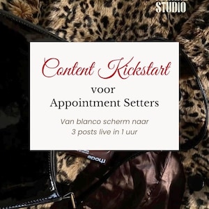 Op de afbeelding: De afbeelding toont een zwarte lakleren tas en een luipaardprint bontjas. Een witte rechthoek toont tekst in bordeauxrood script: "Content Kickstart voor Appointment Setters." Extra tekst luidt "Van blanco scherm naar 3 posts live in 1 uur."