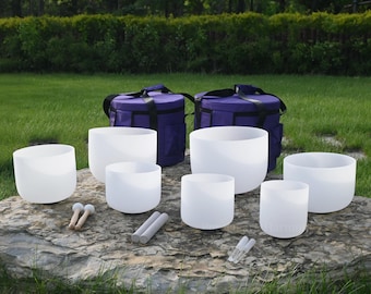 Conjunto de Taças Tibetanas de Cristal de Quartzo Branco Fosco de 6" a 12" (432Hz) com Estojo de Transporte e Baquetas Grátis para Prática de Yoga