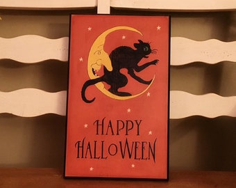 Happy Halloween sign/vintage style sign/hand painted/cat and moon sign/German Halloween reproduction/halloween sign/farmhouse style