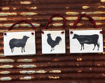 mini barnyard signs/cow rooster sheep signs/rustic signs/farmhouse signs/set of three signs/primitive signs/cow silhouete sign/kitchen art