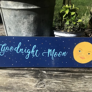 Goodnight Moon sign/hand painted sign/Victorian moon face/vintage style sign/nursery art/baby shower gift/glittered sign/gift for baby