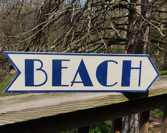 BEACH sign/arrow sign/retro style sign/cottage decor/directional sign/nautical sign/summer sign/beach house decor/cabin decor/hand painted