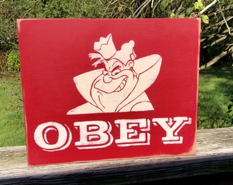 Obey the Queen sign/queen of hearts sign/alice in wonderland sign/gift for her/hand painted/kitchen art/red and white sign/wall art