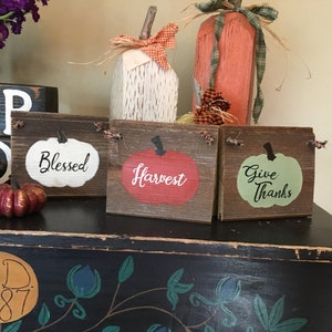 mini fall autumn signs/pumpkin signs/harvest sign/give thanks sign/blessed sign/rustic signs/set of 3 wood signs/farmhouse style fall signs