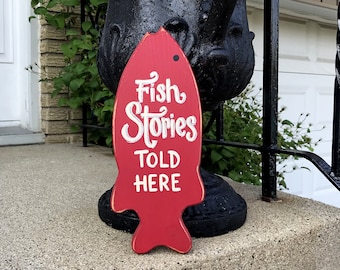 Fish Stories Told Here sign/red fish/ hand painted/man cave/gifts for him/cabin decor/cottage decor/wooden fish sign/lake sign/garage sign