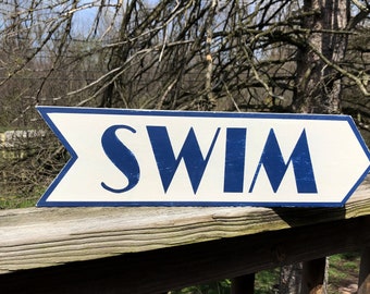 SWIM sign/arrow sign/retro style sign/cottage decor/directional sign/nautical sign/summer sign/beach house decor/cabin decor/hand painted
