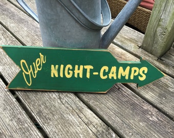 Over Night-Camps sign/antique reproduction sign/hand painted sign/retro sign/wooden arrow sign/roadside sign/cabin decor/cottage decor