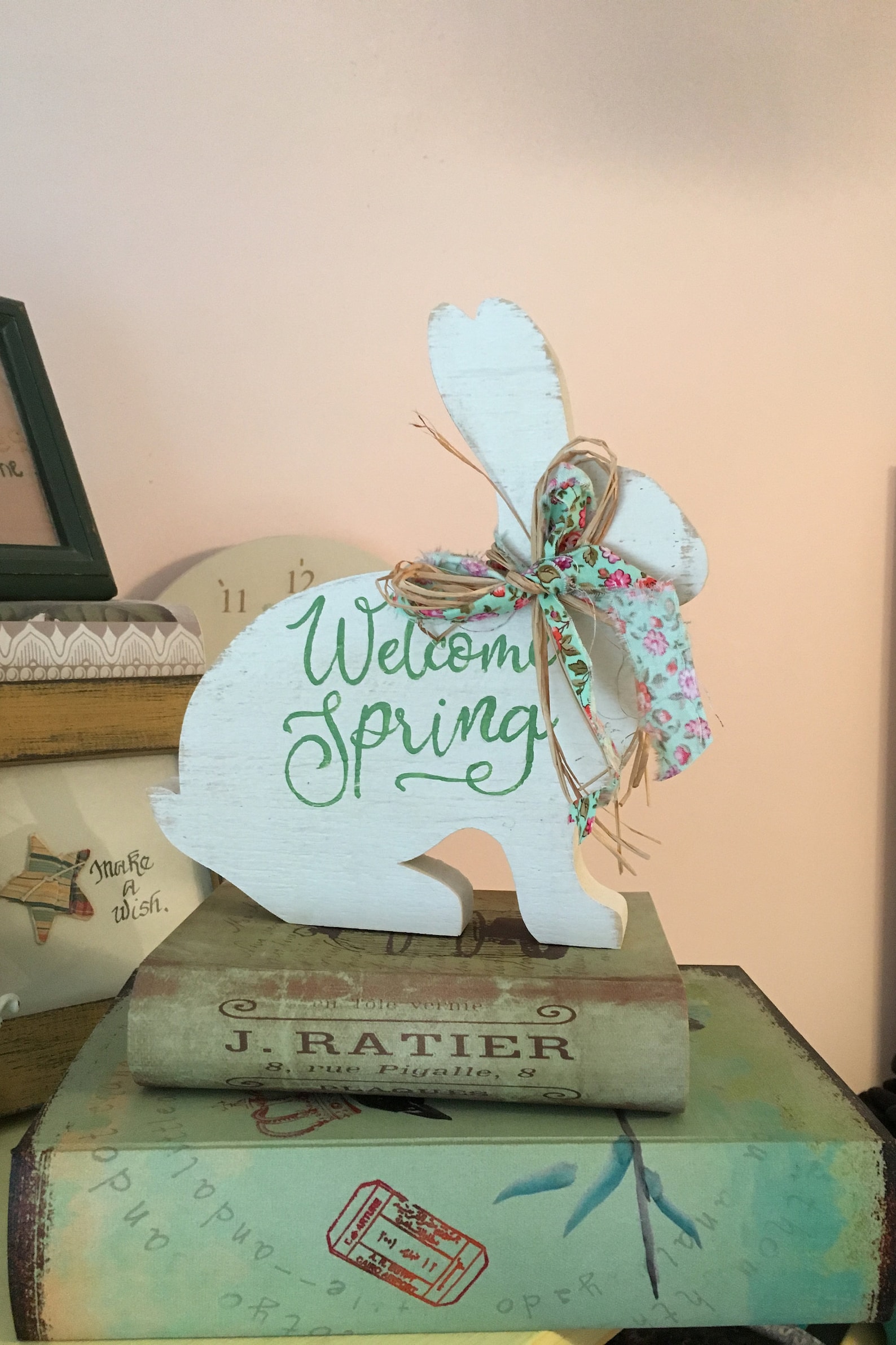 Welcome Spring rabbit/wooden rabbit/hand painted rabbit/Spring | Etsy