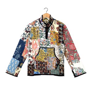 Patchwork Quilted Pullover Jacket — Kantha Block Print Boho Anorak, One of a Kind Artisan Quilt Coat, Floral Patchwork Sweatshirt