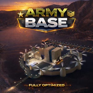 Könnte beinhalten: Eine digitale Illustration einer "ARMY BASE" mit Stern- und Chevron-Design. Die Basis ist eine futuristische Struktur mit mehreren Gebäuden, Lichtern und Propellern, vor dem Hintergrund eines Sonnenuntergangs über dem Wasser. Der Text "FULLY OPTIMIZED" steht unten.
