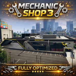 Könnte beinhalten: Digitales Bild einer Autowerkstatt mit dem Text "MECHANIC SHOP 3" in Silber und Gold. Die Worte "FULLY OPTIMIZED" stehen unten. Die Werkstatt hat ein modernes Design mit einer schwarz-gelben Markise und einer Skyline im Hintergrund.