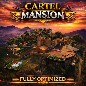 Może przedstawiać: Cyfrowe dzieło sztuki przedstawiające rezydencję na wzgórzu, z napisem "CARTEL MANSION" w kolorze złotym. Obraz przedstawia zachodzące słońce, palmy i pole z motywem czaszki. Słowa "FULLY OPTIMIZED" znajdują się na dole.