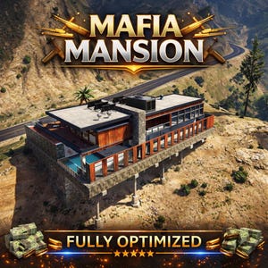 Op de afbeelding: Afbeelding van een modern herenhuis op een heuvel, met de tekst "MAFIA MANSION" in gouden letters. De woorden "FULLY OPTIMIZED" staan eronder, samen met stapels geld. De afbeelding heeft een filmische uitstraling.