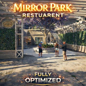 Può includere: Una vista esterna di un ristorante chiamato Mirror Park. L'ingresso è incorniciato da una struttura in legno con le parole "Mirror Park" in lettere dorate. La parola "Restuarent" è sotto. Le parole "Fully Optimized" sono in basso.