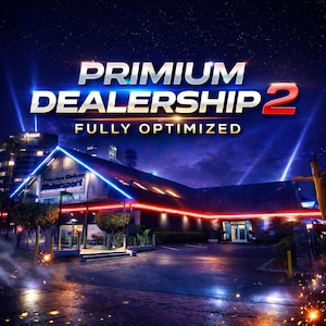 May include: A nighttime scene with the text "PRIMIUM DEALERSHIP 2" in white and blue, with a red "2". Below, "FULLY OPTIMIZED" is in white. A building with neon lights and the name "Frederico Delbon Motorsport" is in the foreground.