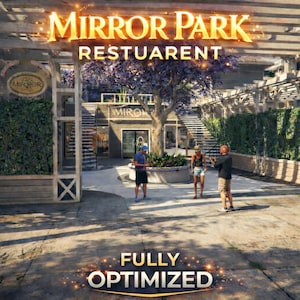 Puede incluir: Una vista exterior de un restaurante llamado Mirror Park. La entrada está enmarcada por una estructura de madera con las palabras "Mirror Park" en letras doradas. La palabra "Restuarent" está debajo. Las palabras "Fully Optimized" están en la parte inferior.