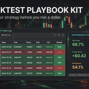 May include: A Backtest Playbook Kit digital dashboard featuring a trade log table with columns for trade number, date, pair, entry, exit, profit and loss, and result. A performance stats panel displays a 66.7% win rate and 0.42 expectancy.