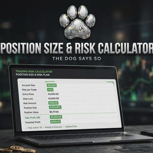 May include: A laptop displaying a Position Size & Risk Calculator interface with fields for account size, risk per trade, entry price, stop loss, risk amount, position size, position value, take profit, and potential profit, topped by a metallic paw icon.