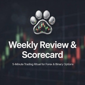 May include: A graphic featuring a metallic paw print icon containing a red and green candlestick chart. The text reads Weekly Review & Scorecard, followed by 5-Minute Trading Ritual for Forex & Binary Options, set against a dark grid background.