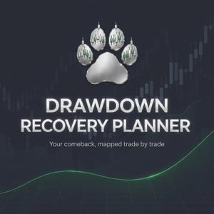 May include: A digital graphic featuring a silver paw print icon with candlestick chart patterns inside the pads. The text reads DRAWDOWN RECOVERY PLANNER and Your comeback, mapped trade by trade, set against a dark background with a faint grid and line.