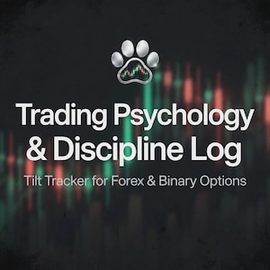 May include: A digital graphic featuring the text Trading Psychology & Discipline Log and Tilt Tracker for Forex & Binary Options in white font. Above the text is a silver paw print icon containing a small red and green candlestick chart.