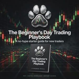 May include: A digital ebook titled The Beginner's Day Trading Playbook: A no-hype starter guide for new traders. The cover features a metallic paw print icon containing a stock market candlestick chart against a dark background with red and green trading data.