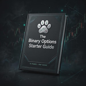 May include: A black book titled The Binary Options Starter Guide with a silver paw print icon containing small candlestick chart patterns. The cover text includes 15 PAGES • PDF GUIDE, set against a dark background with faint trading charts.