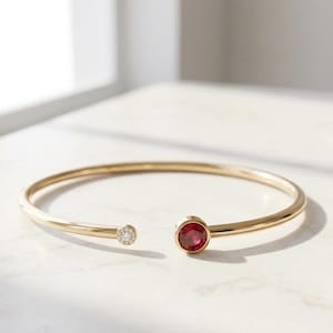 Minimalist Gold Finish Ruby Bangle | Lab-Grown Red Gemstone Open Cuff Bracelet