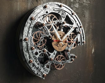 Automaton Bite 1682, zegar ścienny z ruchomymi kołami zębatymi, cichy kwarc, wykończenie z metalu w kolorze srebrno-czarnym, dekoracja steampunk, 36 cm