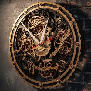 Automaton Bite 1682 Circle, zwartgouden wandklok, 4 bewegende versnellingen, stille kwarts, steampunkdecor, 36 cm
