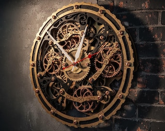 Automaton Bite 1682 Circle, zegar ścienny w kolorze czarno-złotym, 4 ruchome koła zębate, cichy kwarc, dekoracja steampunkowa, 36 cm