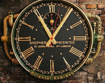 Zegar ścienny Oriental Express, wystrój industrialny steampunk, cichy zegar kwarcowy, cyfry rzymskie, wykończenie w kolorze zielonego mosiądzu
