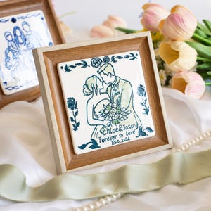May include: A square ceramic tile framed in light wood featuring a blue line art illustration of a couple in wedding attire holding a bouquet. The text reads Chloe & Jason, Forever in love, Est. 2026, surrounded by a decorative floral border.