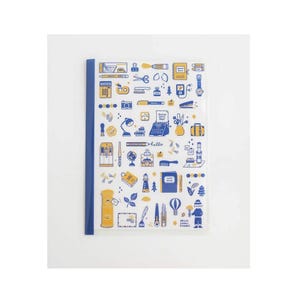 May include: A clear plastic notebook cover with a dark blue spine, featuring a repeating pattern of small yellow and blue illustrations including a typewriter, a hot air balloon, a lighthouse, a mailbox, and various stationery items.