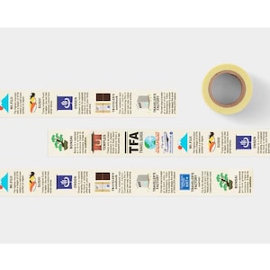 Puede incluir: Cinta adhesiva washi decorativa con ilustraciones y texto con temática de viajes en Japón. Los diseños incluyen el Monte Fuji, sushi, bonsái y templos. También se ve un rollo de cinta.