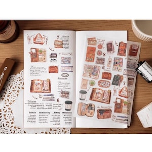 Puede incluir: Una colección de pegatinas con temática de viajes con ilustraciones de bolsos, cámaras y artículos esenciales de viaje. Las pegatinas están sobre un fondo blanco con texto y números. A la izquierda, una pinza marrón con el texto "Be the change".