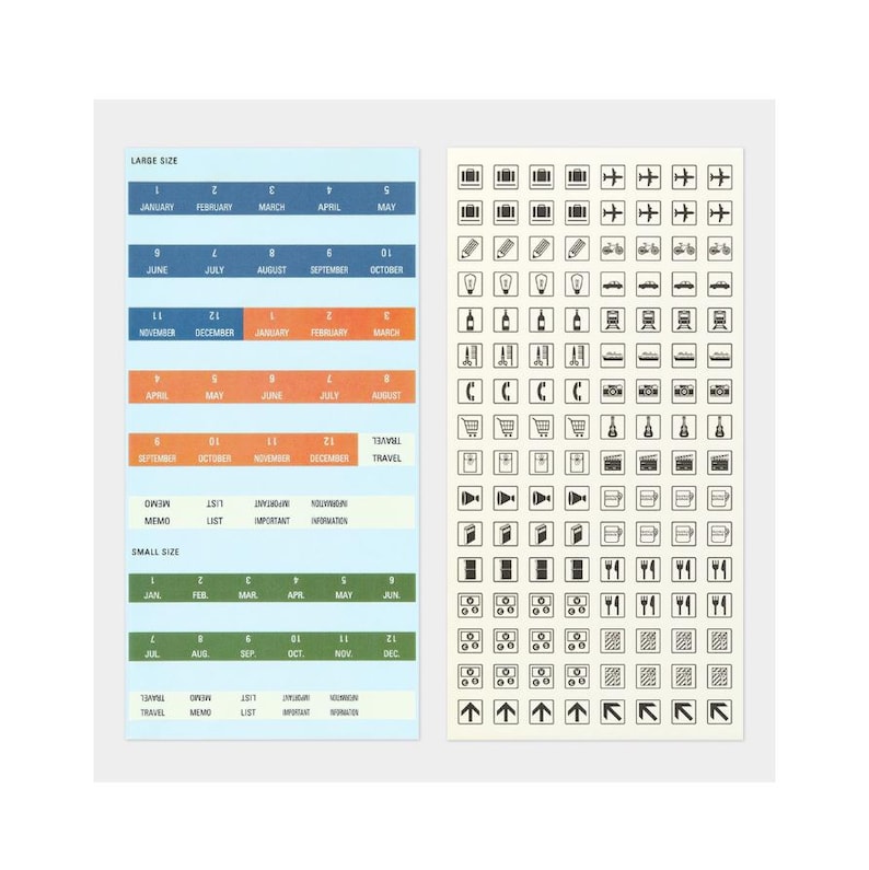 May include: Two sheets of planner stickers. One sheet has monthly calendar stickers in blue, orange, and green. The other sheet has black and white icons of luggage, airplanes, shopping carts, and more.