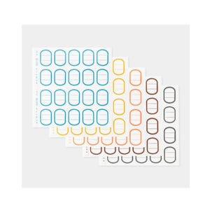 May include: A collection of sticker sheets featuring oval-shaped labels in various colors. The labels are arranged in rows and columns, with a thin outline and a white interior. The color palette includes blue, yellow, orange, red, and brown.