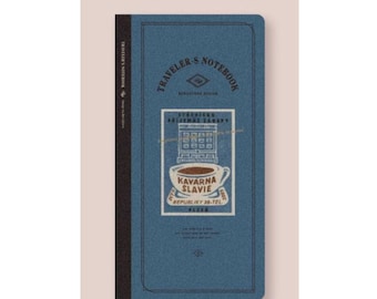 May include: Blue Traveler's Notebook with a vintage illustration of a cafe called "Kavarna Slavie" with a cup of coffee and the text "Republiky 26-Tel. 2222222"