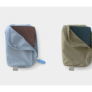 Peut inclure: Deux pochettes zippées, une bleu clair et une kaki, contenant respectivement un livre marron et un livre bleu. Les deux pochettes ont un tirette de fermeture éclair bleue avec le mot "TRAVEL" dessus.