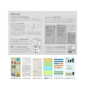 May include: A sheet of stickers with various designs and text, including index stickers, schedule stickers, and clear round stickers. Instructions in Japanese are also included, with a diagram showing how to use the stickers.